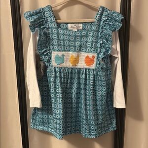 Blue Patterned Kids Top with Ruffle Sleeves